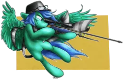 Size: 2807x1818 | Tagged: safe, artist:otkurzacz, derpibooru import, oc, oc:swiftnote, unofficial characters only, pegasus, pony, awp, clothes, counter-strike, counter-strike: global offensive, fedora, flying, glasses, hat, scarf, solo