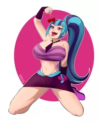 Size: 1280x1587 | Tagged: suggestive, artist:rileyav, derpibooru import, edit, sonata dusk, equestria girls, armpits, belly button, big breasts, bimbo, boots, breasts, busty sonata dusk, cherry, clothes, female, food, human coloration, legs, midriff, miniskirt, necktie, photoshop, ponytail, skirt, solo, solo female, spread legs, spreading, tube top