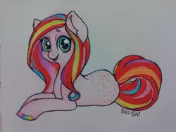 Size: 960x720 | Tagged: artist:shishi, butt freckles, colored, derpibooru import, ear freckles, freckles, lying down, oc, oc:rough sketch, rainbow hooves, safe, shoulder freckles, solo, traditional art, unofficial characters only