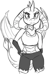 Size: 612x923 | Tagged: artist needed, bike shorts, clothes, compression shorts, derpibooru import, dragon, female, gauntlet of fire, midriff, princess ember, safe, solo, sports bra, tome: terrain of magical expertise