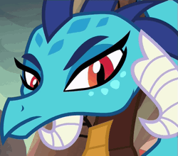Size: 549x484 | Tagged: animated, cropped, derpibooru import, dragon, dragon armor, gauntlet of fire, princess ember, raised eyebrow, safe, screencap, solo, squint