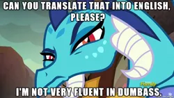 Size: 610x343 | Tagged: caption, derpibooru import, dragon, gauntlet of fire, image macro, meme, princess ember, reaction image, safe, screencap, solo, text, vulgar