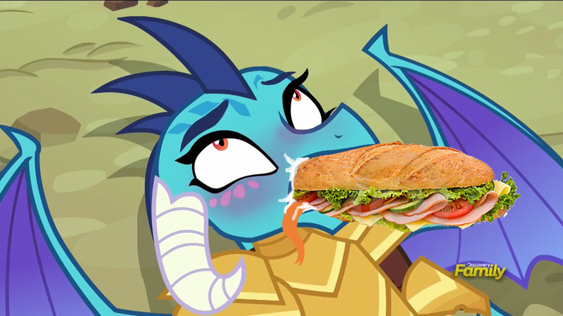 Size: 1280x720 | Tagged: ahegao, blushing, derpibooru import, discovery family logo, dragon, edit, edited screencap, food, gauntlet of fire, not porn, open mouth, princess ember, questionable, sandwich, sandwich censorship, screencap, solo, that's not mayonnaise