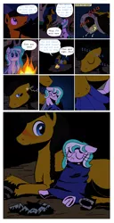 Size: 1000x1956 | Tagged: safe, artist:darkhestur, derpibooru import, oc, oc:dark, oc:dustlight, unofficial characters only, ask, campfire, comic, cuddling, fire, night, panel, sleeping, snuggling, sparks, tumblr