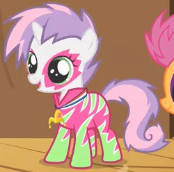Size: 407x404 | Tagged: safe, derpibooru import, screencap, scootaloo, sweetie belle, pegasus, pony, unicorn, the show stoppers, cropped, cute, diasweetes, face paint, female, filly, show stopper outfits