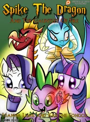 Size: 1400x1900 | Tagged: safe, artist:lennonblack, derpibooru import, garble, princess ember, rarity, spike, twilight sparkle, twilight sparkle (alicorn), alicorn, dragon, pony, gauntlet of fire, bloodstone scepter, blushing, dragon armor, dragon lord spike, female, harry potter, mare, parody, patreon, patreon logo