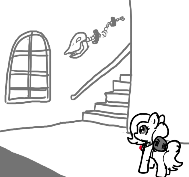 Size: 640x600 | Tagged: semi-grimdark, artist:ficficponyfic, derpibooru import, oc, oc:emerald jewel, unofficial characters only, earth pony, pony, colt quest, amulet, bag, building, child, church, colt, foal, hair over one eye, handrail, male, skeleton, skull, solo, stairs, story included, temple, window