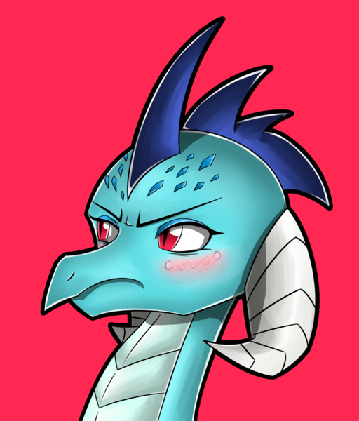 Size: 1500x1758 | Tagged: artist:flam3zero, blushing, bust, cute, derpibooru import, dragon, dragoness, emberbetes, gauntlet of fire, glare, portrait, princess ember, red background, safe, simple background, solo, tsundember, tsundere