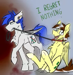 Size: 1964x2000 | Tagged: semi-grimdark, artist:lining1306, artist:ralek, derpibooru import, oc, oc:silver lining, oc:turquoise, unofficial characters only, pegasus, pony, collar, dragging, five o'clock shadow, implied rape, leash, malesub, pet play, submissive, this will end in pain