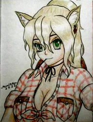 Size: 2520x3289 | Tagged: applejack, artist:kevinthecrushinator, breasts, busty applejack, cleavage, derpibooru import, eared humanization, female, front knot midriff, hay stalk, human, humanized, midriff, plaid shirt, safe, solo, straw in mouth, traditional art, underboob