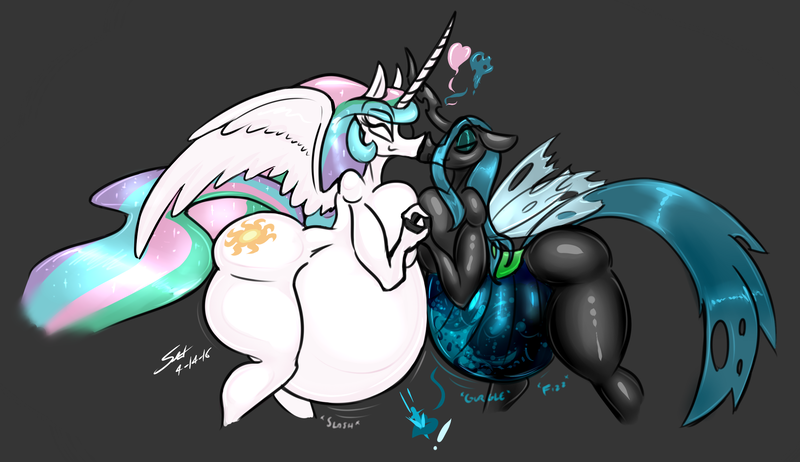 Size: 2240x1293 | Tagged: grimdark, questionable, artist:saliantsunbreeze, derpibooru import, nightmare moon, princess celestia, queen chrysalis, anthro, ass, belly, big belly, boop, breasts, bugbutt, busty princess celestia, busty queen chrysalis, chryslestia, digestion, fat, fat fetish, female, fetish, heart, implied nightmare moon, impossibly large belly, lesbian, night guard, noseboop, princess vorestia, queen chrysalard, shipping, stomach noise, sunbutt, thunder thighs, transparent flesh, vore