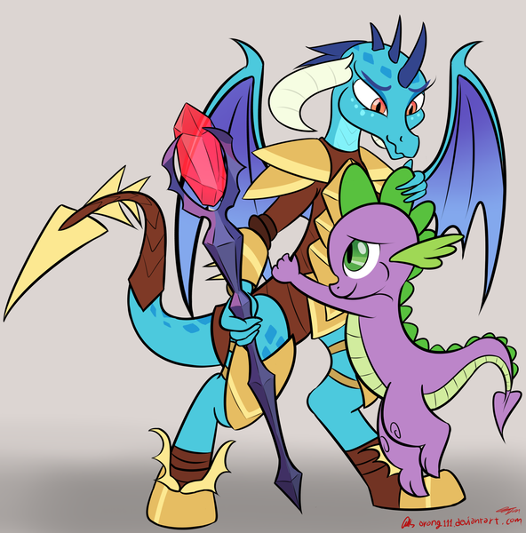 Size: 2085x2113 | Tagged: armor, artist:orang111, bloodstone scepter, cute, derpibooru import, dragon, dragon armor, dragon lord ember, female, freckles, gauntlet of fire, hug, male, princess ember, safe, smiling, spike, wavy mouth