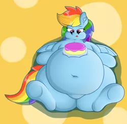 Size: 1280x1248 | Tagged: safe, artist:dullpoint, derpibooru import, rainbow dash, pegasus, pony, belly button, big belly, cake, chubby cheeks, ear fluff, eyes on the prize, fat, feeding dash, female, food, obese, on back, rainblob dash, solo, tongue out, tubby wubby pony waifu, underhoof