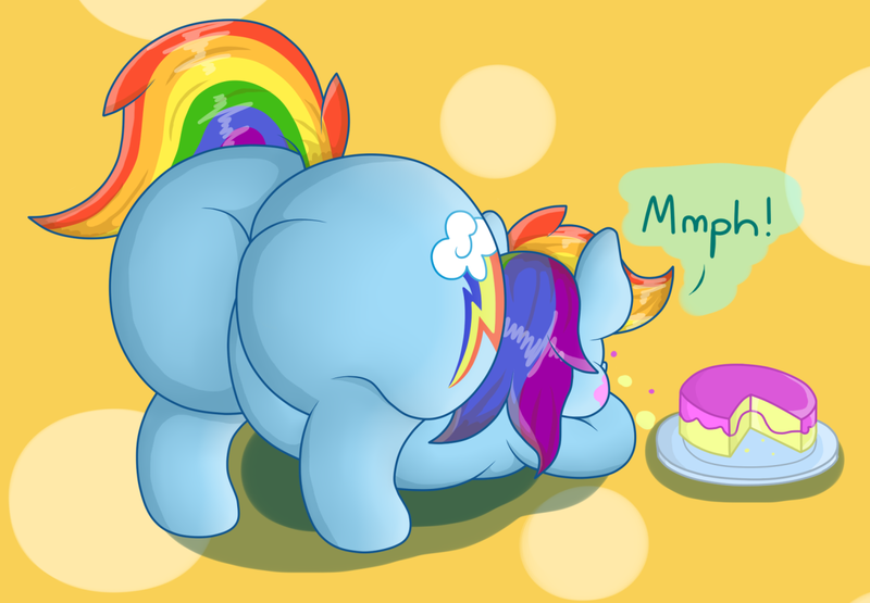 Size: 1280x888 | Tagged: safe, artist:dullpoint, derpibooru import, rainbow dash, pegasus, pony, big belly, cake, eating, fat, feeding dash, female, food, messy eating, obese, plot, rainblob dash, rainbutt dash, solo, the ass was fat, tubby wubby pony waifu