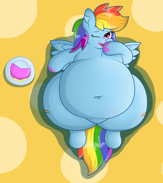 Size: 1280x1431 | Tagged: safe, artist:dullpoint, derpibooru import, rainbow dash, pegasus, pony, belly button, big belly, cake, fat, feeding dash, female, food, licking, messy eating, obese, on back, rainblob dash, solo, tongue out, tubby wubby pony waifu