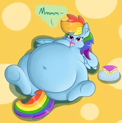 Size: 1280x1283 | Tagged: safe, artist:dullpoint, derpibooru import, rainbow dash, pegasus, pony, belly button, big belly, cake, chubby cheeks, eating, fat, feeding dash, female, food, messy eating, obese, on back, rainblob dash, solo, tubby wubby pony waifu