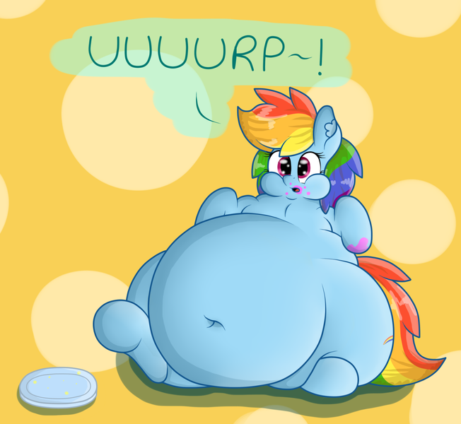 Size: 1280x1178 | Tagged: safe, artist:dullpoint, derpibooru import, rainbow dash, pegasus, pony, belly button, big belly, burp, chubby cheeks, fat, feeding dash, female, messy eating, obese, plate, rainblob dash, solo, tubby wubby pony waifu