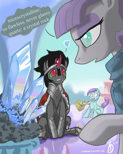 Size: 1280x1600 | Tagged: safe, artist:sevenowait, derpibooru import, king sombra, maud pie, crystal pony, pony, crack shipping, crystal, crystal empire, haiku, heart, love at first sight, maudbra, quartz, rock, shipping, that pony sure does love crystals, that pony sure does love rocks