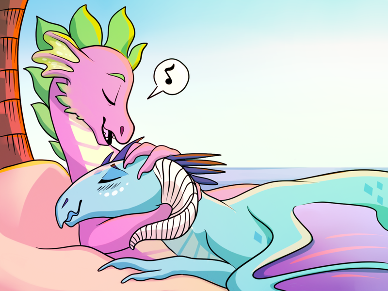 Size: 1024x768 | Tagged: artist:loryska, cuddling, derpibooru import, dragon, emberspike, eyes closed, female, gauntlet of fire, hug, male, music notes, older, older spike, open mouth, pictogram, pillow, princess ember, safe, shipping, smiling, snuggling, spike, straight