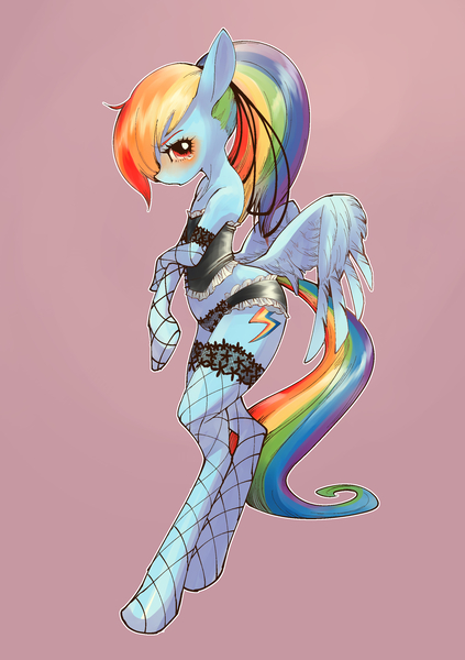 Size: 2039x2894 | Tagged: suggestive, artist:unousaya, derpibooru import, rainbow dash, pony, semi-anthro, alternate hairstyle, bipedal, black underwear, blushing, bodice, butt wings, clothes, crying, embarrassed, female, fishnets, frilly underwear, lingerie, long gloves, looking at you, panties, ponytail, rainbow dash always dresses in style, simple background, solo, solo female, standing, stockings, underwear