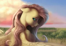 Size: 2630x1860 | Tagged: artist:bluespaceling, cloud, derpibooru import, fluttershy, grass, looking at you, painting, safe, solo