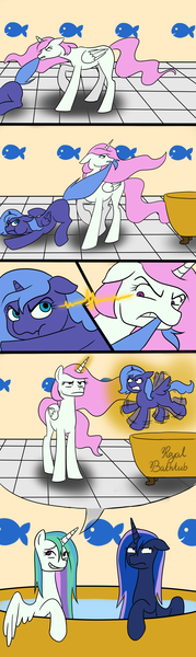 Size: 2000x6700 | Tagged: artist:riracreations, bath, bathtub, celestia is not amused, comic, cute, derpibooru import, dragging, female, filly, filly luna, floppy ears, forced bathing, frown, luna is not amused, magic, pink-mane celestia, princess celestia, princess luna, royal sisters, safe, sisters, tail, tail pull, telekinesis, unamused, varying degrees of want, wet mane, woona, young celestia, younger