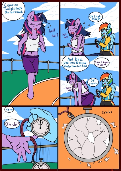 Size: 850x1200 | Tagged: anthro, artist:linedraweer, belly button, broken, clothes, comic, comic:your time in my hands, derpibooru import, falling, midriff, rainbow dash, safe, stopwatch, tanktop, twilight sparkle, twilight sparkle (alicorn), unguligrade anthro, vulgar