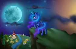 Size: 2570x1670 | Tagged: safe, artist:pannalapa, derpibooru import, princess luna, magic, moon, moonrise, night, ponyville, raised hoof, solo, stars