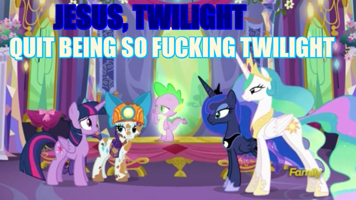 Size: 723x407 | Tagged: derpibooru import, dirt, dirty, discovery family logo, gauntlet of fire, glow, helmet, image macro, meme, mining helmet, princess celestia, princess luna, rarity, royal sisters, safe, screencap, shaped like itself, spike, text, twilight sparkle, twilight sparkle (alicorn), unamused, vulgar