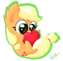 Size: 1057x1024 | Tagged: apple, applejack, artist:pucksterv, chibi, cute, derpibooru import, food, hatless, hug, jackabetes, missing accessory, nom, safe, simple background, solo, transparent background