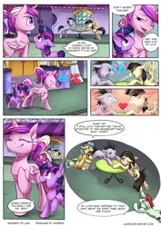 Size: 1200x1697 | Tagged: safe, artist:moenkin, derpibooru import, lucky clover, princess cadance, twilight sparkle, wild fire, alicorn, earth pony, pegasus, pony, unicorn, a canterlot wedding, argument, background pony, bad end, cadance is an idiot, comic, crying, dialogue, female, filly, filly cadance, filly twilight sparkle, foal, fridge horror, fridge logic, holding leg, love, love spell, magic, male, mare, mind control, oops, ponies standing next to each other, proud, reality ensues, scene interpretation, stallion, table, the implications are horrible, unfortunate implications, unicorn twilight, whoops, younger