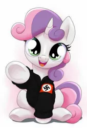 Size: 879x1291 | Tagged: safe, artist:stoic5, deleted from derpibooru, derpibooru import, edit, sweetie belle, pony, unicorn, /pol/, bomber jacket, clothes, cute, filly, foal, gradient background, hoodie, looking at you, nazi, nazi armband, needs more jpeg, pointing, sieg heil, solo, swastika, underhoof