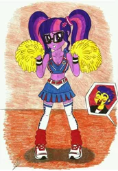 Size: 4807x6981 | Tagged: suggestive, artist:metaldudepl666, derpibooru import, part of a set, flash sentry, sci-twi, twilight sparkle, equestria girls, absurd resolution, belly button, blood, blushing, breasts, busty twilight sparkle, cheerleader, cheerleader outfit, cleavage, female, female focus, fetish, flashlight, glasses, juliet starling, lollipop chainsaw, male, midriff, nosebleed, pigtails, sciflash, shipping, sneakers, sneakers fetish, solo focus, straight, tara strong, traditional art, voice actor joke
