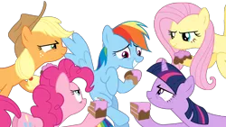 Size: 8192x4608 | Tagged: safe, artist:kiowa213, derpibooru import, applejack, fluttershy, pinkie pie, rainbow dash, twilight sparkle, earth pony, pegasus, pony, unicorn, sweet and elite, absurd resolution, bad poker face, cake, evil grin, female, food, imminent cake fight, mare, simple background, smiling, transparent background, unicorn twilight, vector