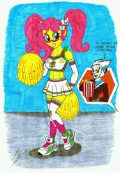 Size: 4818x7014 | Tagged: suggestive, artist:metaldudepl666, derpibooru import, part of a set, discord, fluttershy, equestria girls, absurd resolution, belly button, blushing, breasts, busty fluttershy, cheerleader, clothes, discoshy, equestria girls-ified, female, fetish, food, hair ribbon, humanized, male, midriff, pigtails, pleated skirt, pom pom, popcorn, shipping, shoes, skirt, sneakers, sneakers fetish, socks, straight, thigh highs, zettai ryouiki