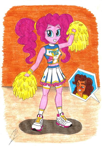 Size: 4874x6926 | Tagged: suggestive, artist:metaldudepl666, derpibooru import, part of a set, cheese sandwich, pinkie pie, equestria girls, absurd resolution, belly button, blushing, breasts, cheerleader, cheesepie, clothes, compression shorts, crayon drawing, equestria girls-ified, fabio, female, fetish, food, male, midriff, pigtails, pleated skirt, pom pom, shipping, shoes, shorts, skirt, sneakers, sneakers fetish, socks, straight, traditional art