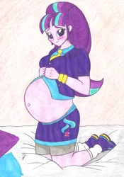 Size: 4884x6971 | Tagged: suggestive, artist:metaldudepl666, derpibooru import, part of a set, starlight glimmer, equestria girls, absurd resolution, bed, belly button, blushing, breasts, busty starlight glimmer, crayon drawing, cute, equestria girls-ified, female, fetish, humanized, imminent sex, implied sex, looking at you, pregnant, pregnant equestria girls, sneakers, sneakers fetish, solo, solo female, traditional art