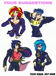 Size: 2264x3048 | Tagged: suggestive, artist:urusee584, derpibooru import, flash sentry, sunset shimmer, twilight sparkle, vinyl scratch, equestria girls, bara, bara waifu, breasts, buff, busty sunset shimmer, diamond is unbreakable, fabulous, female, giorno giovanna, humanized, jojo pose, jojo's bizarre adventure, josuke higashikata, jotaro kujo, muscles, okuyasu nijimura, sentry, stardust crusaders, swollen, the hair is the hat, the mane is the hat, vento aureo, wip