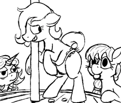 Size: 600x510 | Tagged: suggestive, artist:thebathwaterhero, derpibooru import, oc, oc:emerald jewel, oc:hope blossoms, oc:joyride, unofficial characters only, earth pony, pony, unicorn, colt quest, adult, bags under eyes, bits, child, clothes, coin, colt, excited, female, femboy, foal, frown, horn, implied foalcon, lingerie, mage, male, mare, money, money in panties, monochrome, old, pimp, pole, pole dancing, ponytail, tired, trap, unsure