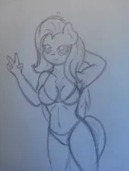 Size: 2448x3264 | Tagged: anthro, armpits, artist:fluttair, bikini, breasts, clothes, derpibooru import, female, fluttershy, monochrome, sketch, solo, solo female, suggestive, swimsuit, traditional art