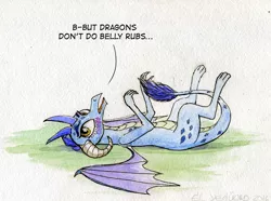 Size: 800x595 | Tagged: artist:el-yeguero, bellyrubs, blushing, cute, derpibooru import, dialogue, dragon, dragoness, emberbetes, female, gauntlet of fire, imminent belly rub, on back, open mouth, princess ember, safe, solo, traditional art, tsundember, tsundere