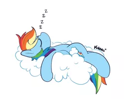 Size: 1280x1024 | Tagged: safe, artist:kribbles, derpibooru import, rainbow dash, pegasus, pony, backwards cutie mark, cloud, eyes closed, female, mare, nap, simple background, sleeping, solo, white background, zzz