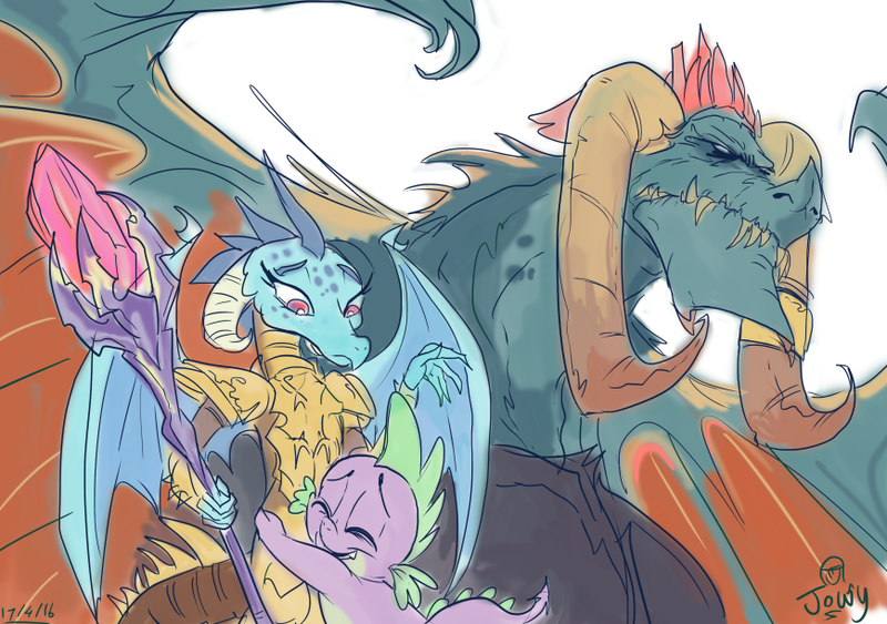 Size: 869x612 | Tagged: safe, artist:jowybean, derpibooru import, dragon lord torch, princess ember, spike, dragon, gauntlet of fire, armor, awkward, bloodstone scepter, confused, dragon armor, dragon lord ember, dragoness, female, hug, it's called a hug, scene interpretation