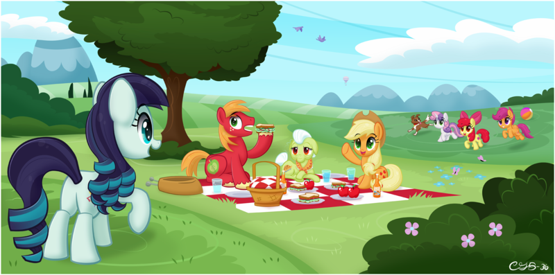 Size: 1902x945 | Tagged: safe, artist:ctb-36, derpibooru import, apple bloom, applejack, big macintosh, coloratura, granny smith, scootaloo, sweetie belle, winona, bird, butterfly, earth pony, pony, apple, apple family, ball, basket, bottle, cutie mark, cutie mark crusaders, eating, female, filly, food, hot air balloon, male, picnic, rara, sandwich, stallion, the cmc's cutie marks, tree, water