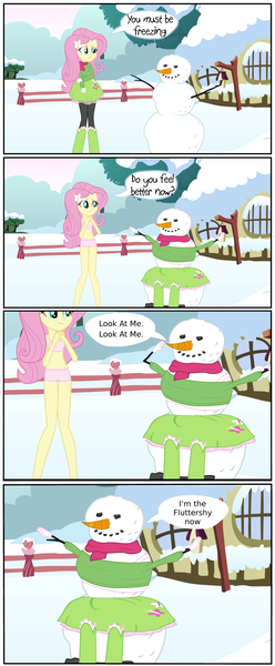 Size: 3240x7826 | Tagged: suggestive, artist:liggliluff, derpibooru import, edit, fluttershy, equestria girls, belly button, boyshorts, bra, button underwear, buttons, clothes, comic, crop top bra, dialogue, fluttershy's cottage, panties, pink underwear, scarf, skirt, snow, snowman, solo, speech bubble, sweater, sweatershy, underwear, undressing, vector, winter