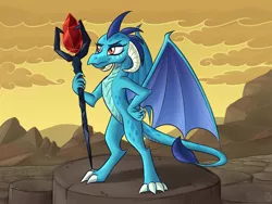 Size: 1466x1100 | Tagged: artist:sirzi, bloodstone scepter, derpibooru import, dragon, dragon lord ember, gauntlet of fire, princess ember, safe, solo