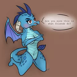 Size: 719x719 | Tagged: anthro, artist:mythologynerd101, belly button, blushing, breasts, busty princess ember, clothes, covering, derpibooru import, dialogue, dragon, emberspike, female, gauntlet of fire, implied spike, offscreen character, panties, pose, princess ember, shipping, solo, solo female, speech bubble, straight, suggestive, thong, topless, underwear