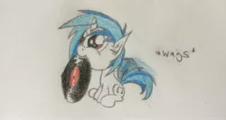 Size: 3264x1730 | Tagged: artist:professionalpuppy, behaving like a dog, cute, derpibooru import, nom, record, safe, solo, tail wag, traditional art, vinylbetes, vinyl scratch