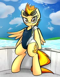 Size: 2601x3369 | Tagged: safe, artist:jetwave, derpibooru import, spitfire, pegasus, pony, bipedal, clothes, leaning, one-piece swimsuit, open clothes, open shirt, poolside, shirt, solo, stupid sexy spitfire, sunglasses, swimming pool, swimsuit