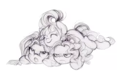 Size: 1224x752 | Tagged: safe, artist:buttersprinkle, derpibooru import, adagio dazzle, aria blaze, sonata dusk, ponified, equestria girls, cuddle puddle, cuddling, grumpy, monochrome, pony pile, simple background, sketch, snuggling, the dazzlings, traditional art, white background